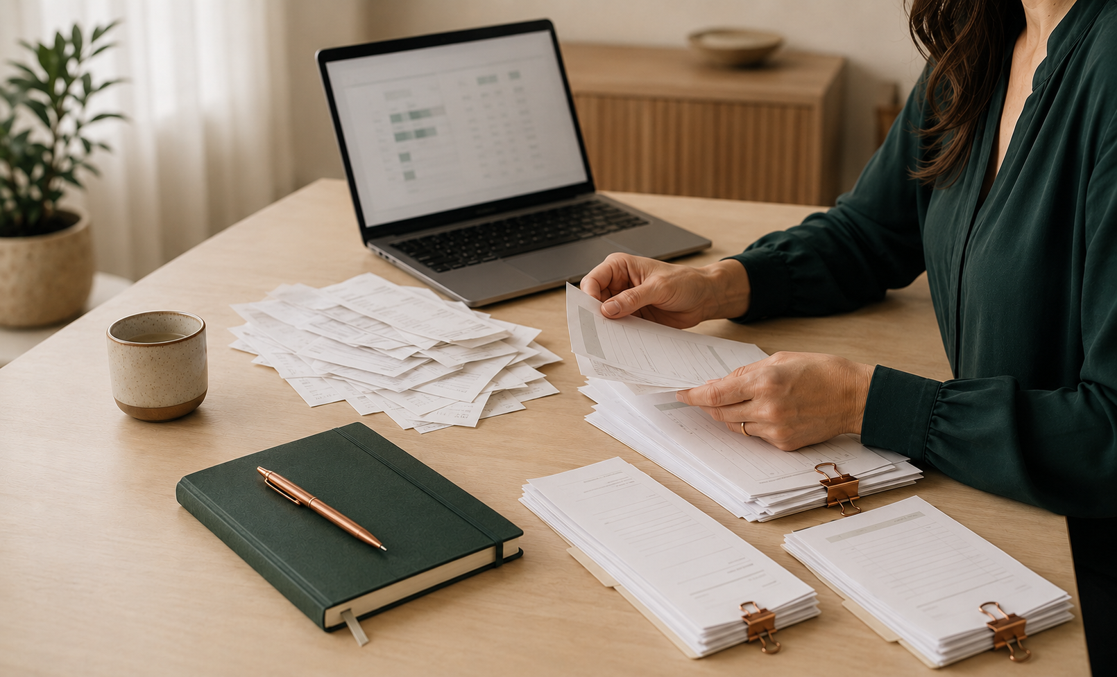 Bookkeeper organizing and reviewing prior-period financial records during a bookkeeping cleanup.