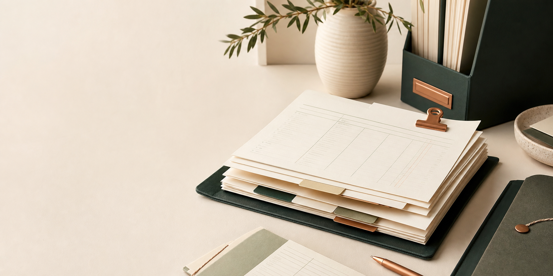 Organized financial records arranged in a structured monthly workflow.