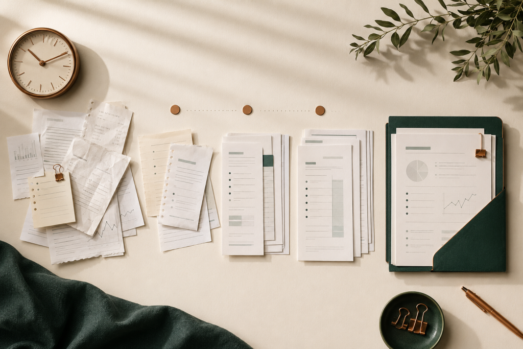 Scattered bookkeeping records becoming an organized monthly close process