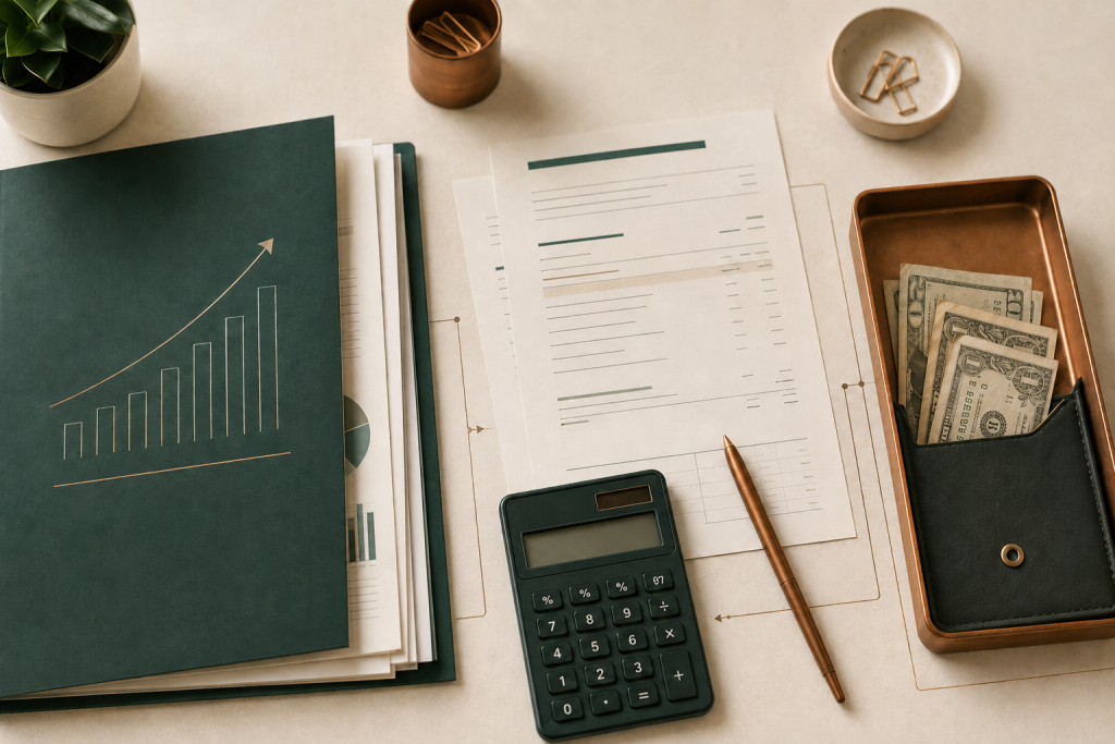 Financial reports beside a small amount of available cash, illustrating the difference between profit and cash flow.