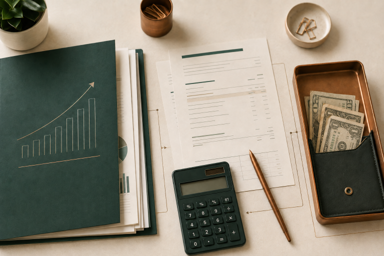 Financial reports beside a small amount of available cash, illustrating the difference between profit and cash flow.