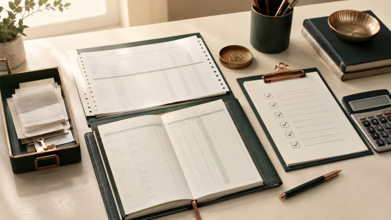 Bookkeeping records organized for a structured monthly close