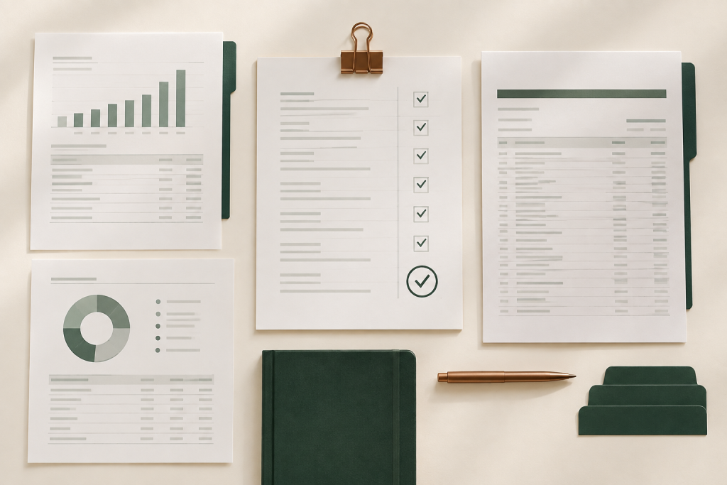 Organized financial records and a checklist prepared for a monthly bookkeeping close