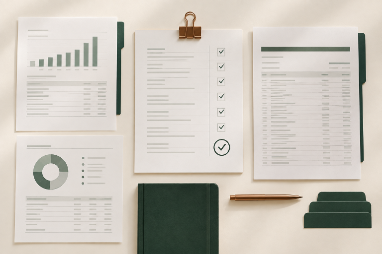 Organized financial records and a checklist prepared for a monthly bookkeeping close